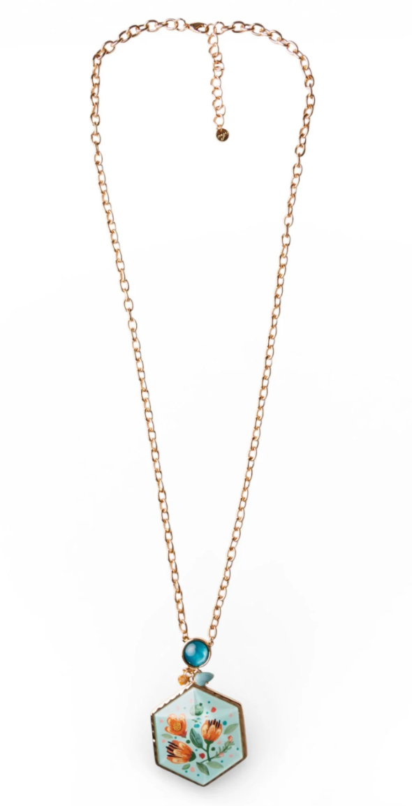 Collana Medaglione Esagonale Celeste