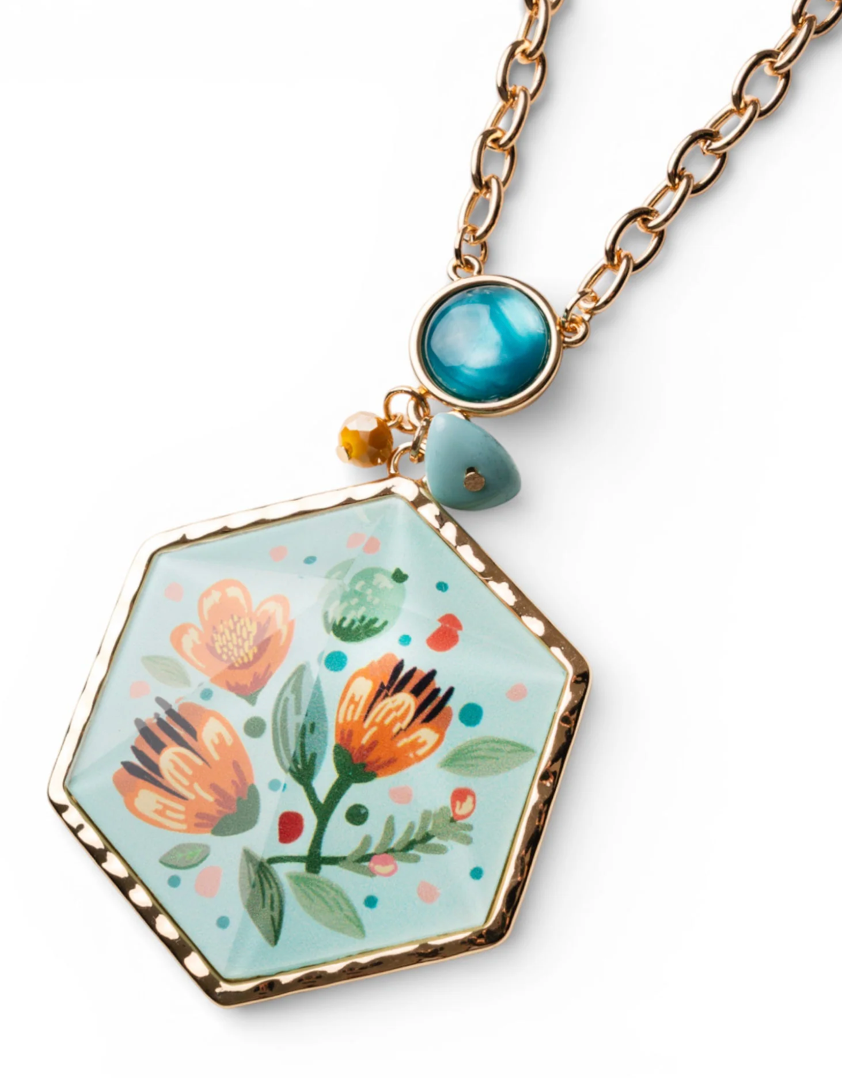 Collana Medaglione Esagonale Celeste