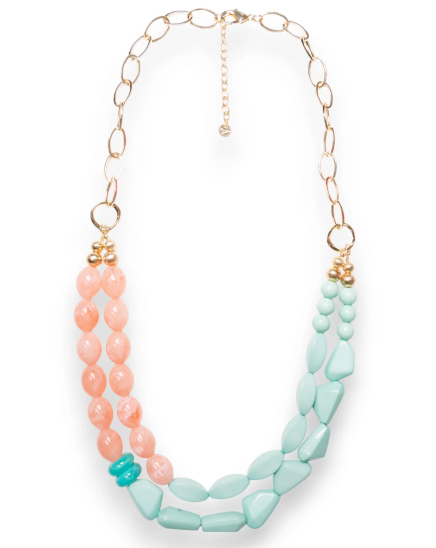 Collana Due Fili Verde Acqua e Rosa