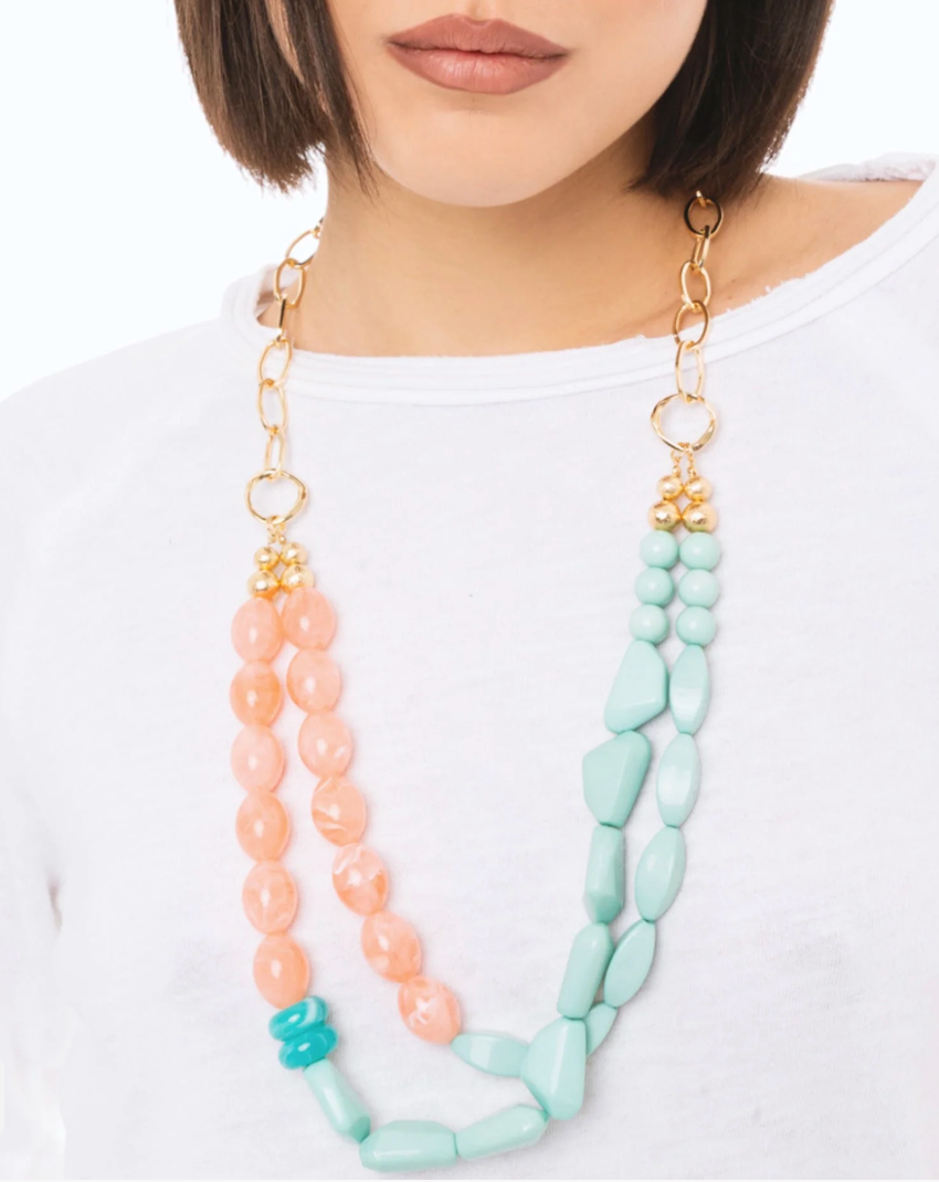 Collana Due Fili Verde Acqua e Rosa